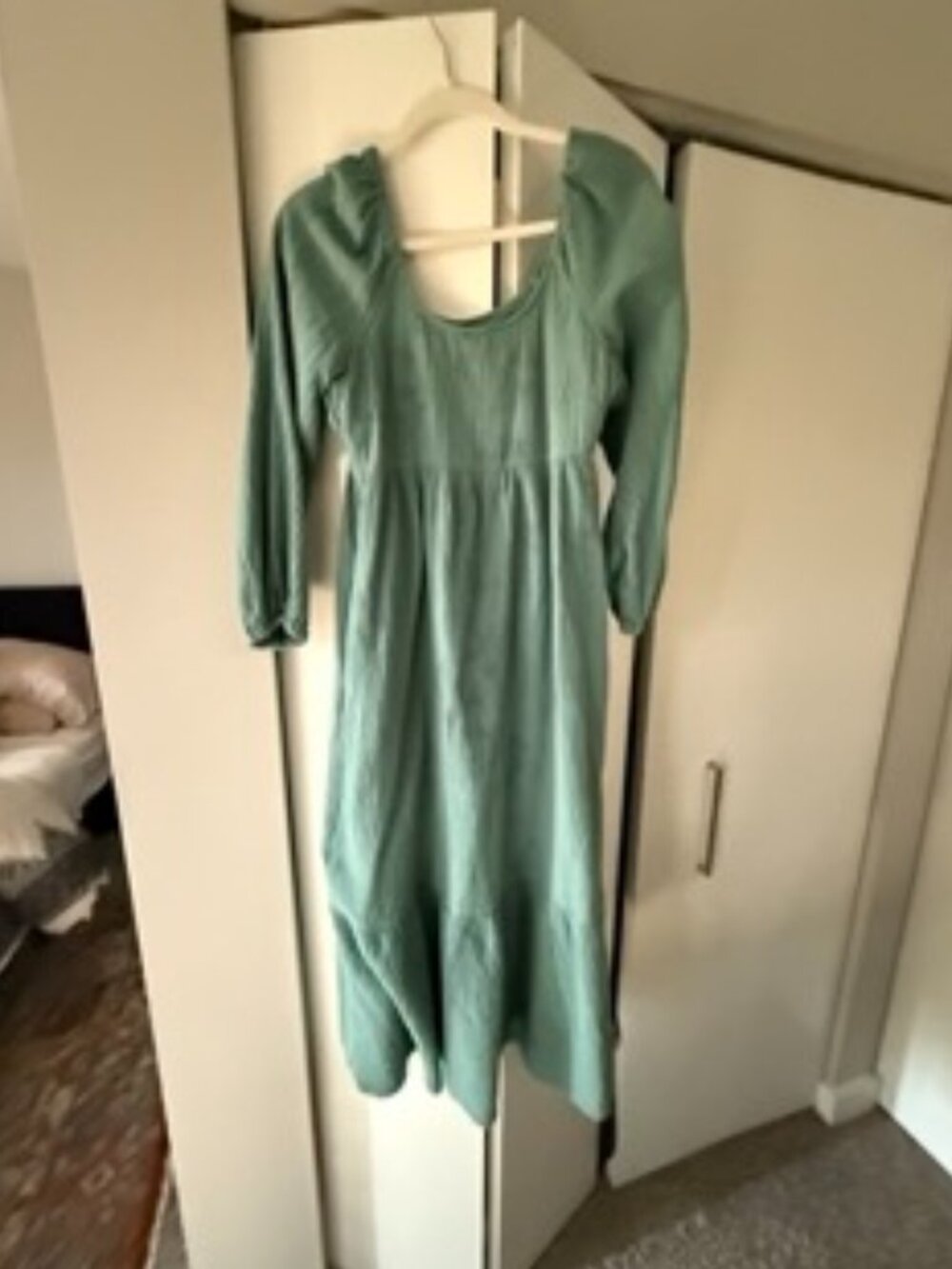 Sage Green Crinkle Gauze Cotton Midi Dress, Boho Style